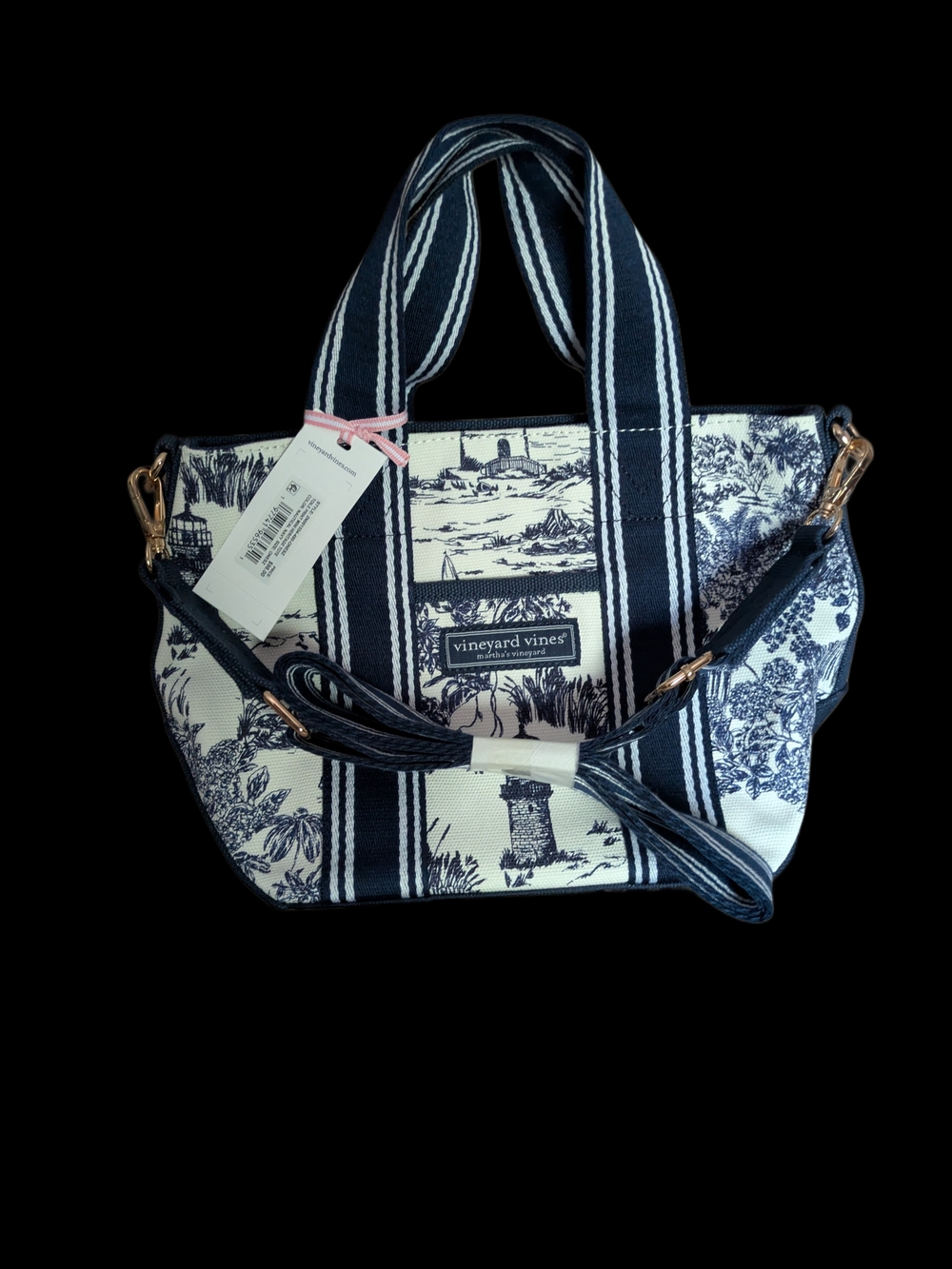Vineyard Vines Navy & White Toile Canvas Tote with Striped Handles NWT